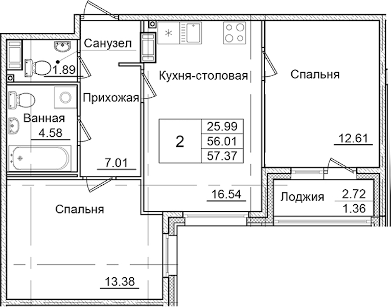 2-комнатная квартира 57.37 м², 5/9 эт., ЖК «Квартал Заречье»